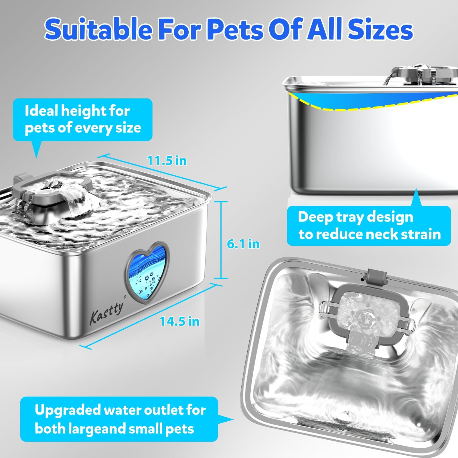 Kastty Fuente de agua para perros de 15L/4 galones, dispensador de cuenco de agua de acero inoxidable de filtración de 5 etapas, fuente de agua súper silenciosa para mascotas, con ventana de agua y