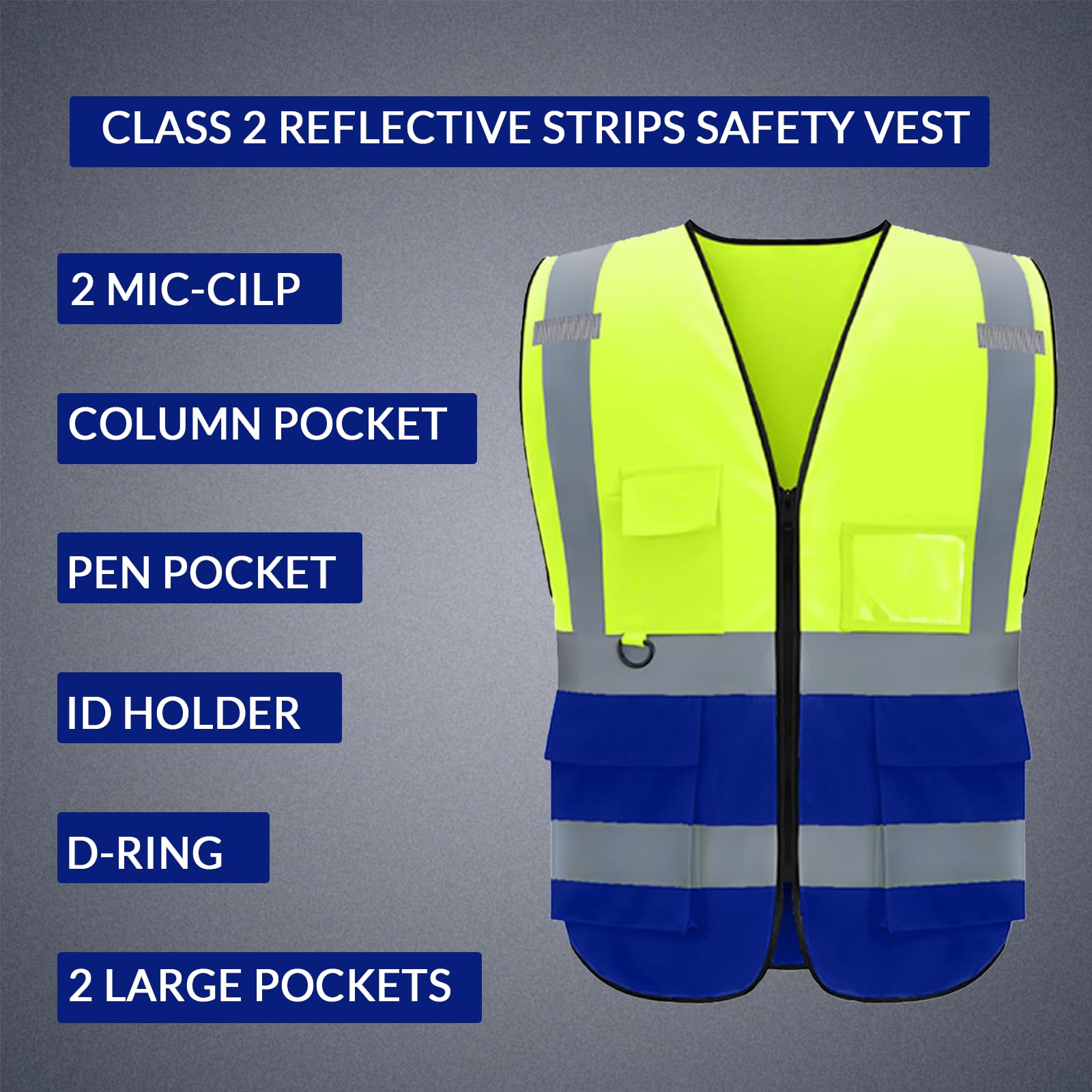 Custom Logo Safety Reflective Vest with Multi Pockets and Zipper Class 2 High Visibility Strip Outdoor Construction Workwear