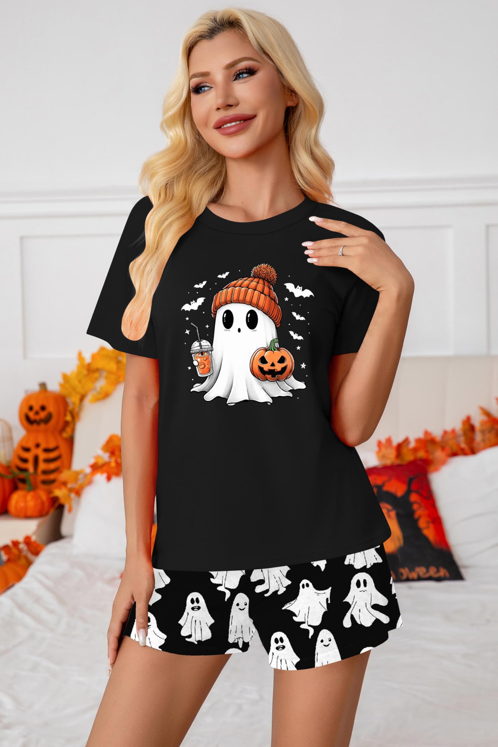 tiorhooe Piżama damska na Halloween, z krótkim rękawem, dwuczęściowa | Zestaw wypoczynkowy, oddychająca tkanina, motywy dyni, krótkie spodnie, bardzo wygodne dopasowanie, idealne na imprezy i