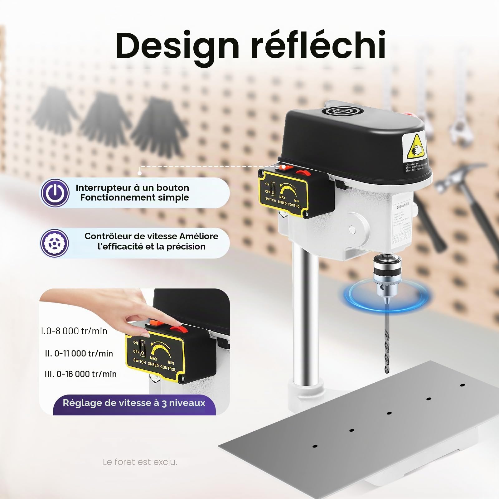 Perceuse de table professionnelle, 340 W, 3 vitesses, perceuse à colonne, bois, métal, plastique, 17 x 17 x 38 cm
