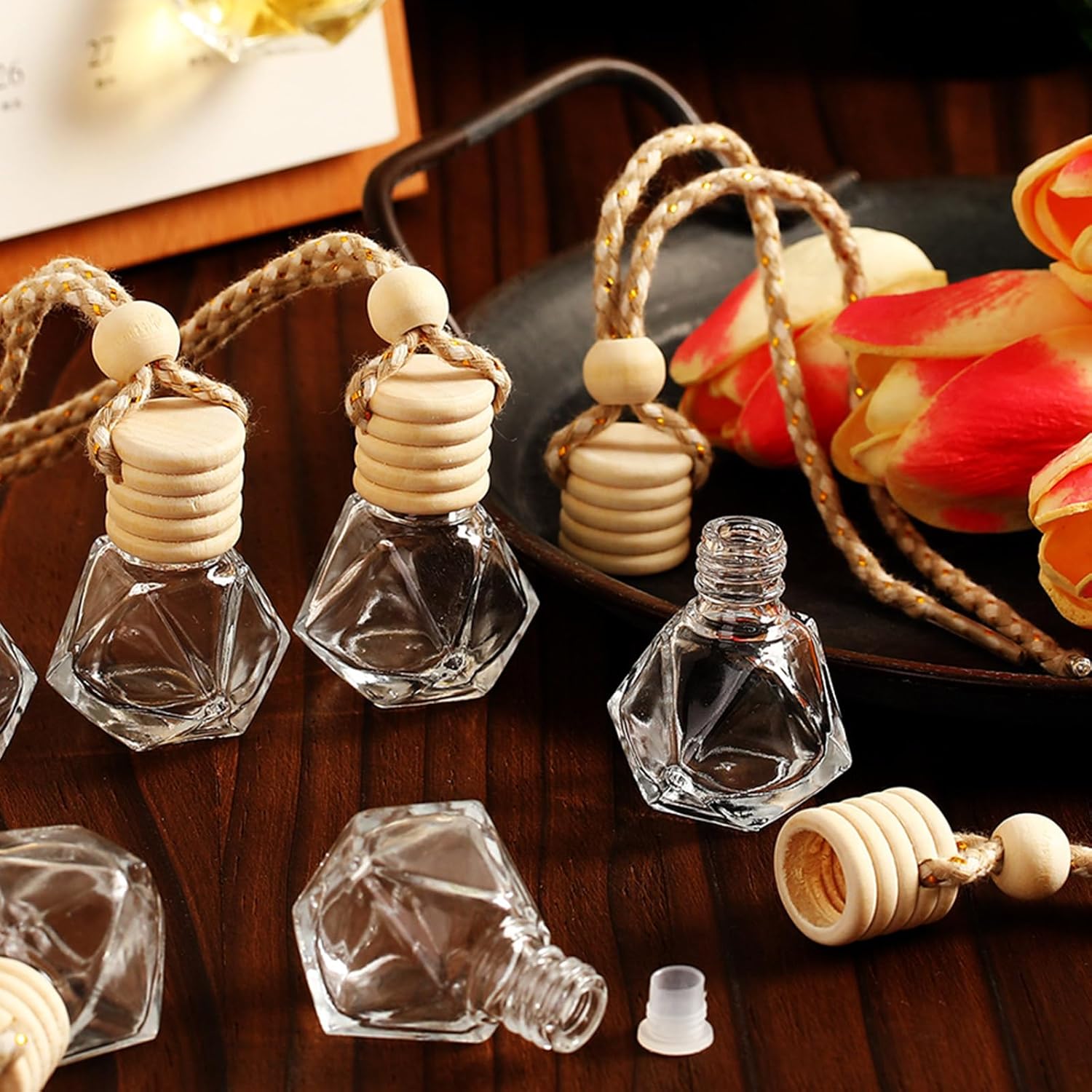 Zubebe 300 Pcs 8ml Hanging Air Freshener Diffuser Bottle Bulk Empty Glass Perfume Bottles Refillable Aromatherapy Essential Oils Pendant for Auto Interior Ornaments