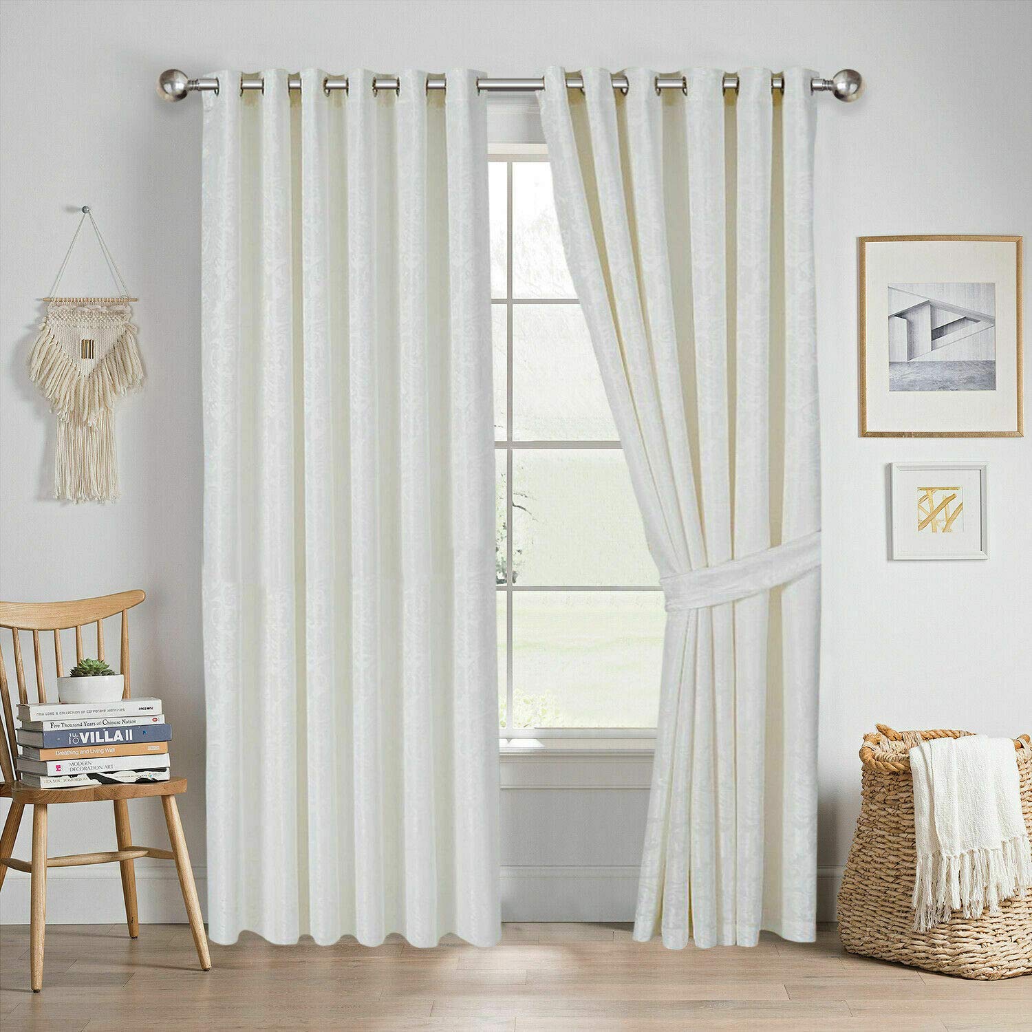 Quality Readymade Fully Lined Jacquard Curtain Ring Top Eyelet Curtain Pair With Tiebacks (White, 66 x 90 Inch)