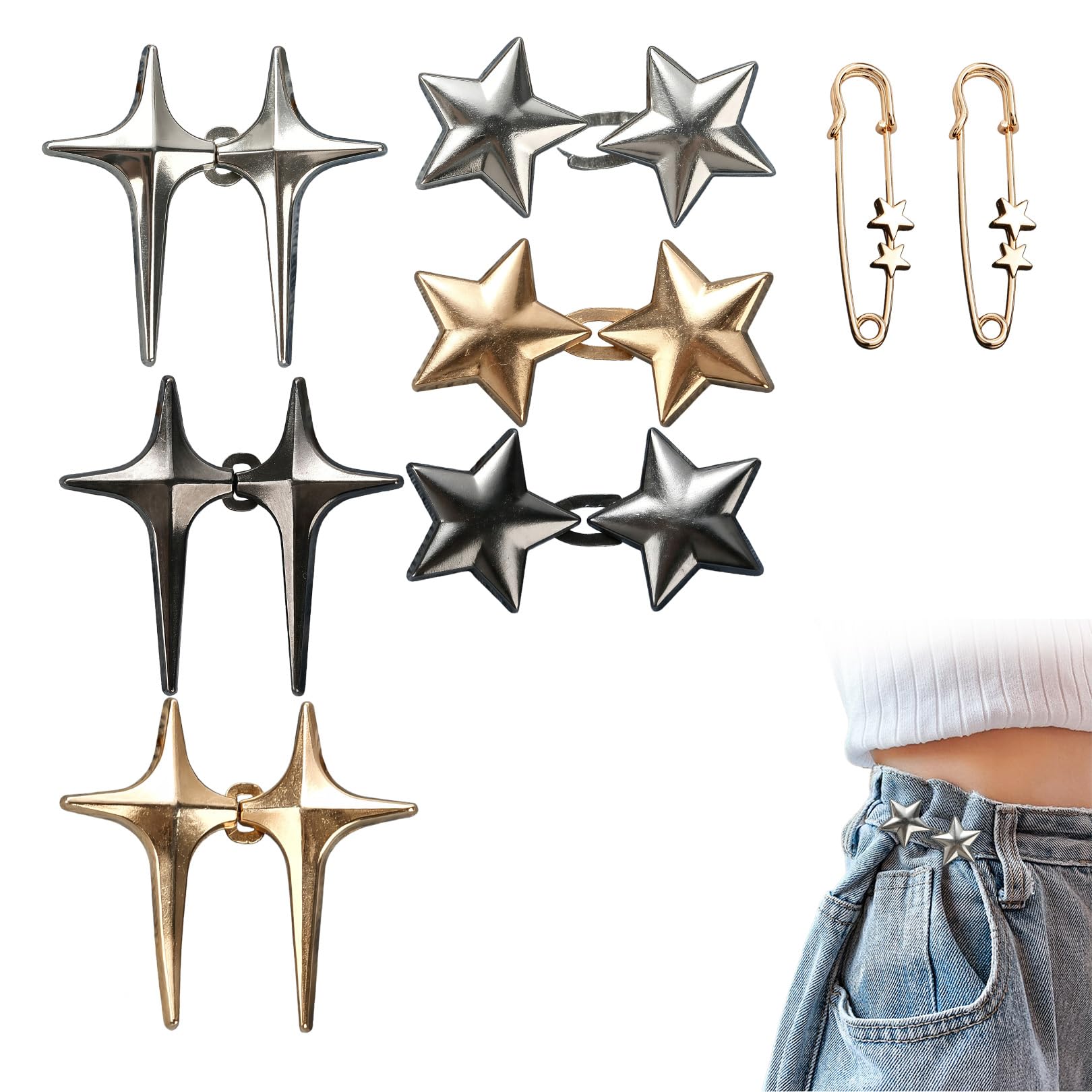 Qiaoliangyao Unisex Black 7 Pairs Star & Cross Jean Waist Tightener Clips, No Sew Adjustable Waistband Buttons For Loose Jeans, Reusable Metal Pants Button Tightener Pins For Trousers Skirts, Waist Cincher Tightener Clips
