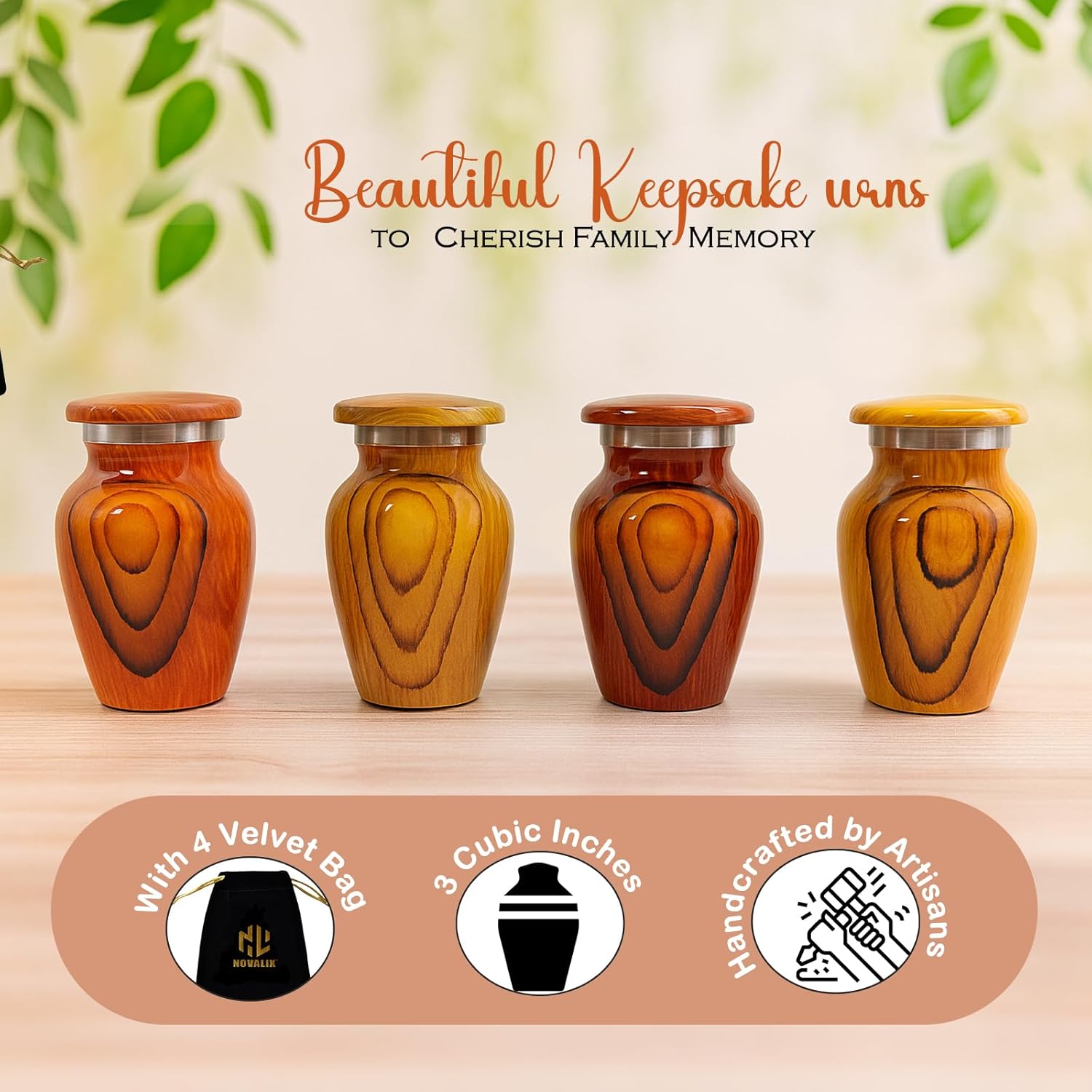 Wooden Print Mini urns for Human Ashes - Decorative Small Cremation Urn for Adult Male & Female - Keepsake Urns for Ashes for Cherished Memories with 4 Velvet Bags - (Set of 4)