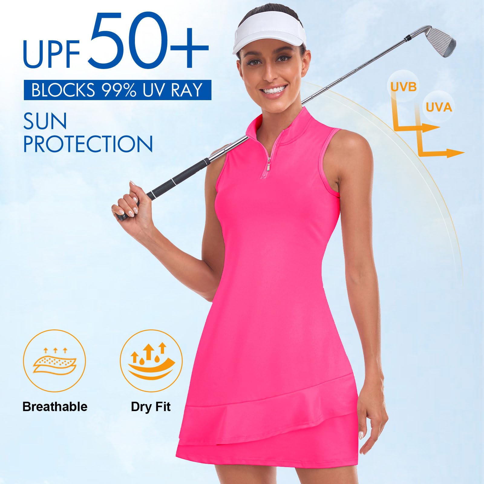 Viracy Tennis- und Golfkleid für Damen, ärmellos, mit Innenshorts, Taschen, Rüschen und Stehkragen mit Reißverschluss.