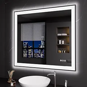 LOAAO 40"X36" LED Bathroom Mirror Black Framed, Anti-Fog, Dimmable, Lighted Bathroom Vanity Mirror for Wall, Memory Function, Tempered Glass