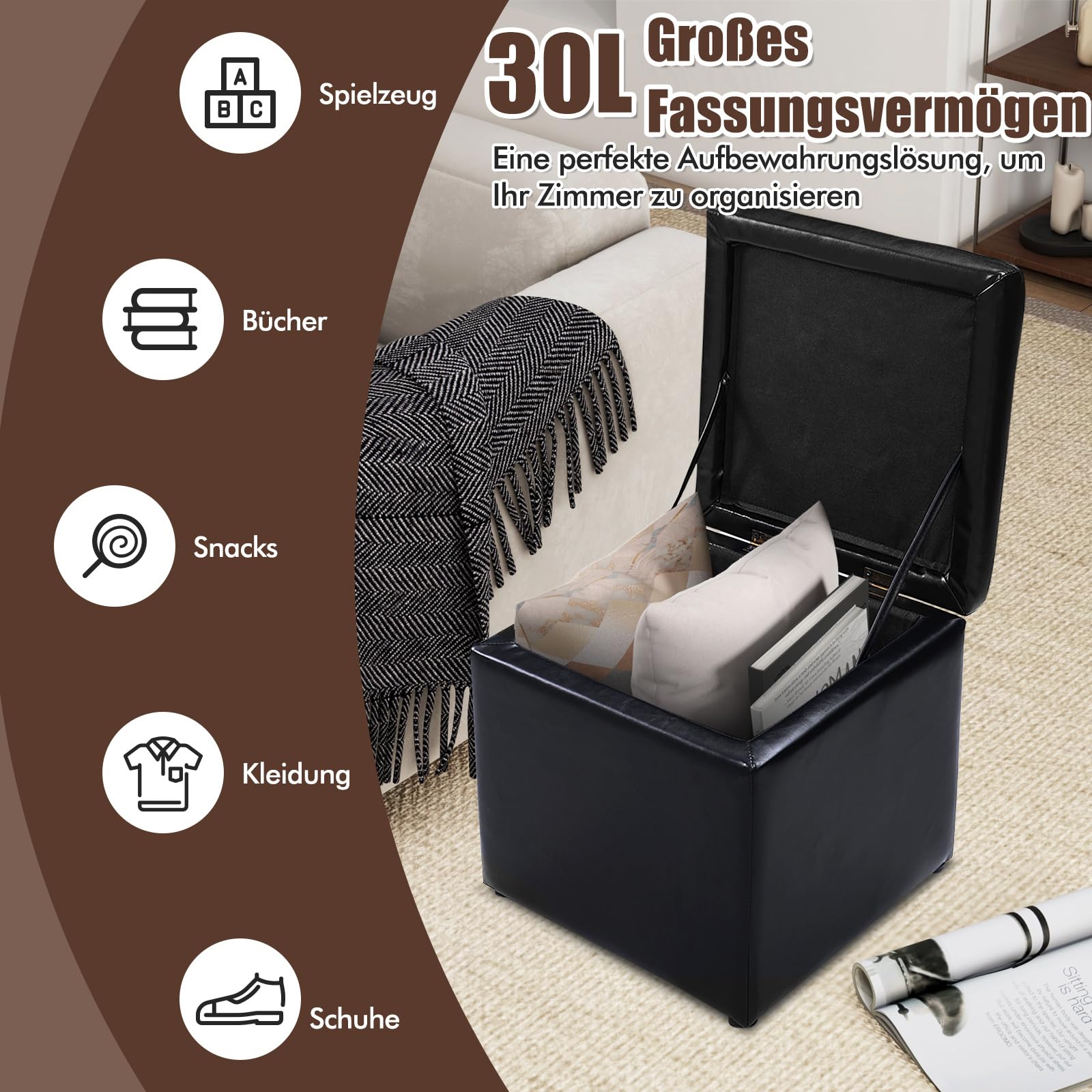 COSTWAY Sitzhocker mit Stauraum, Sitzwürfel aus PU, Sitzbox belastbar bis 300kg, Polsterhocker mit Deckel, gepolsterte Sitztruhe Fußhocker Aufbewahrungsbox, 40 x 40 x 40 cm (Schwarz)