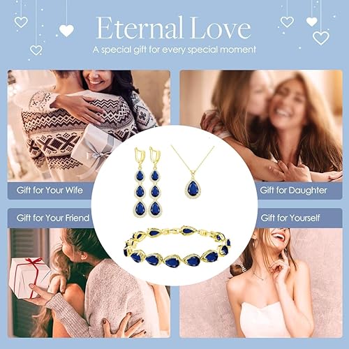 Miniatura 3 de LMXXVJ Juego de collar y aretes largos, chapados en oro blanco, juego de joyas de zafiro azul creado, joyería de regalo para boda, fiesta, joyería