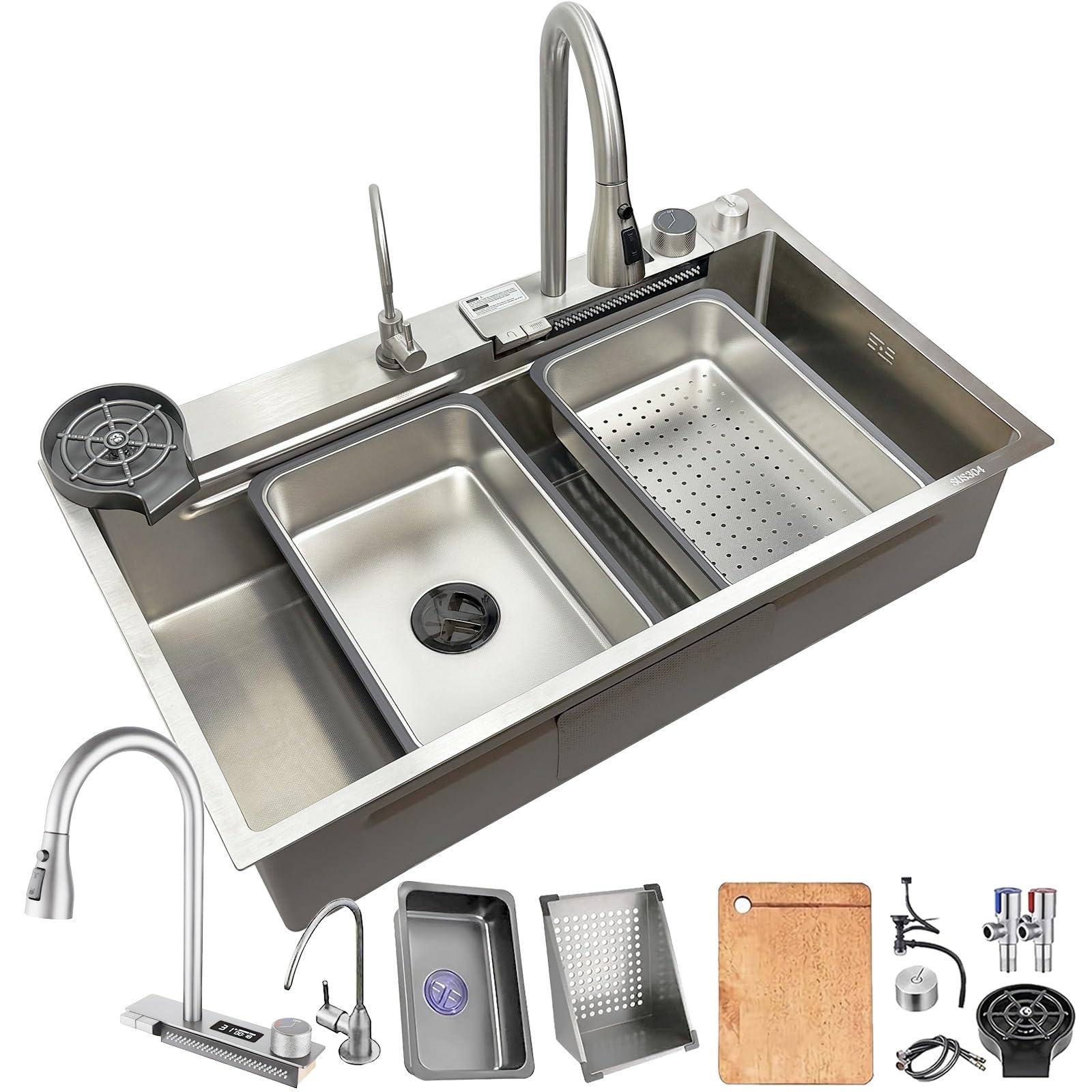 HZKSINNK Kitchen Sink, 80 x 50 cm, 304 Stainless Steel, Brushed Sink, with Draining Board, Siphon, Drain Fitting 1 Basin, Built-in Sink, Kitchen Sink, Square, Large Bowl — image 1