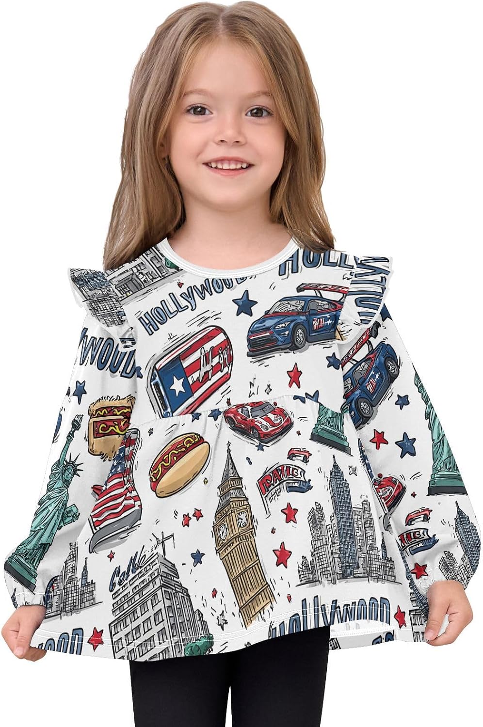 visesunny Toddler Clothes for Girls American Movie Car Long Sleeve Fall Shirts Cotton Top with Ruffle Collar