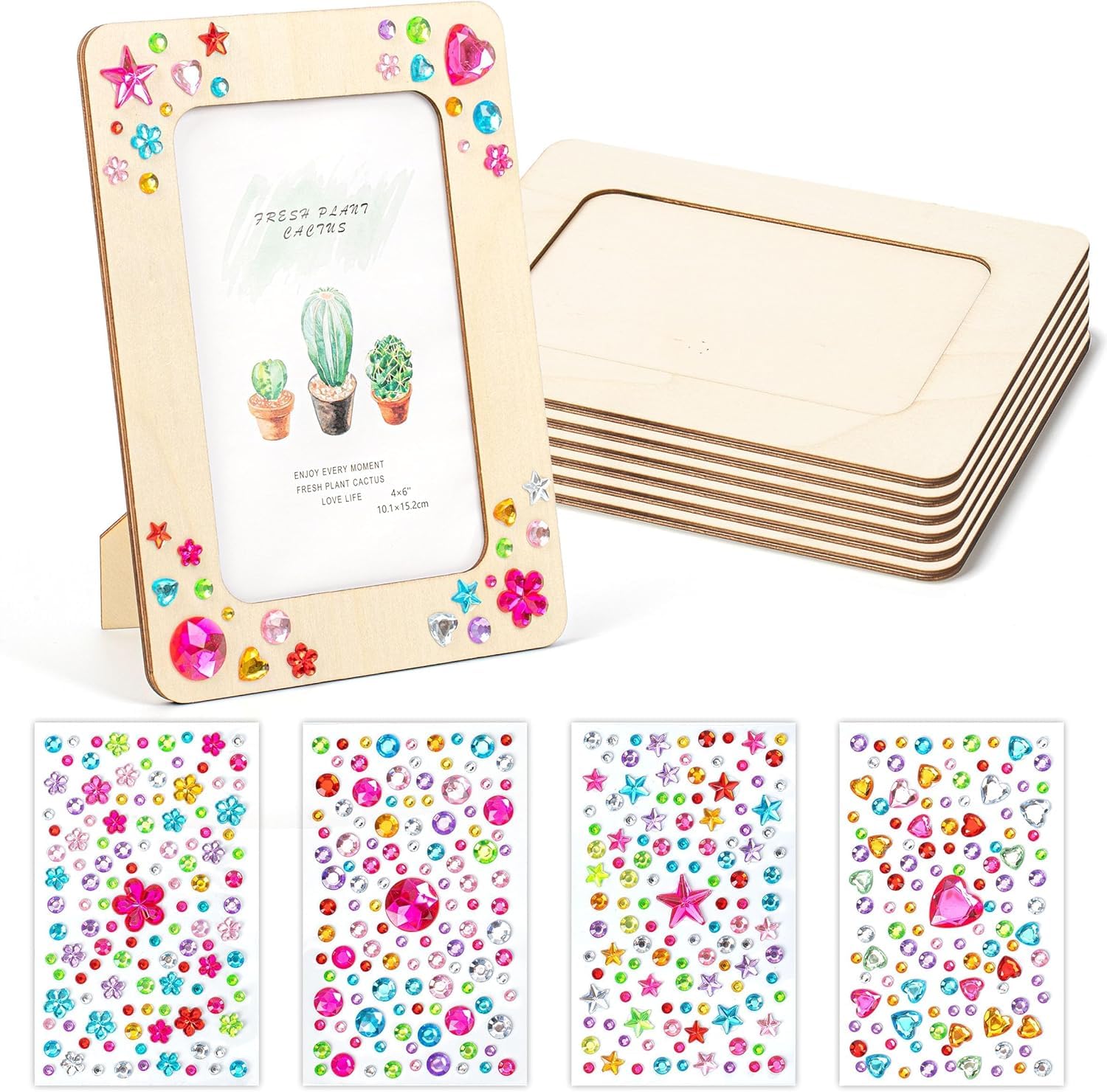 COMVASTARS 6 Stück Holzbilderrahmen zum Bemalen, 14x19cm Holzbilderrahmen DIY Bastelsets für Kinder, Bilderrahmen Bastelset Holz Set zum Bemalen mit Glitzersteine für Kindergeburtstag Basteln