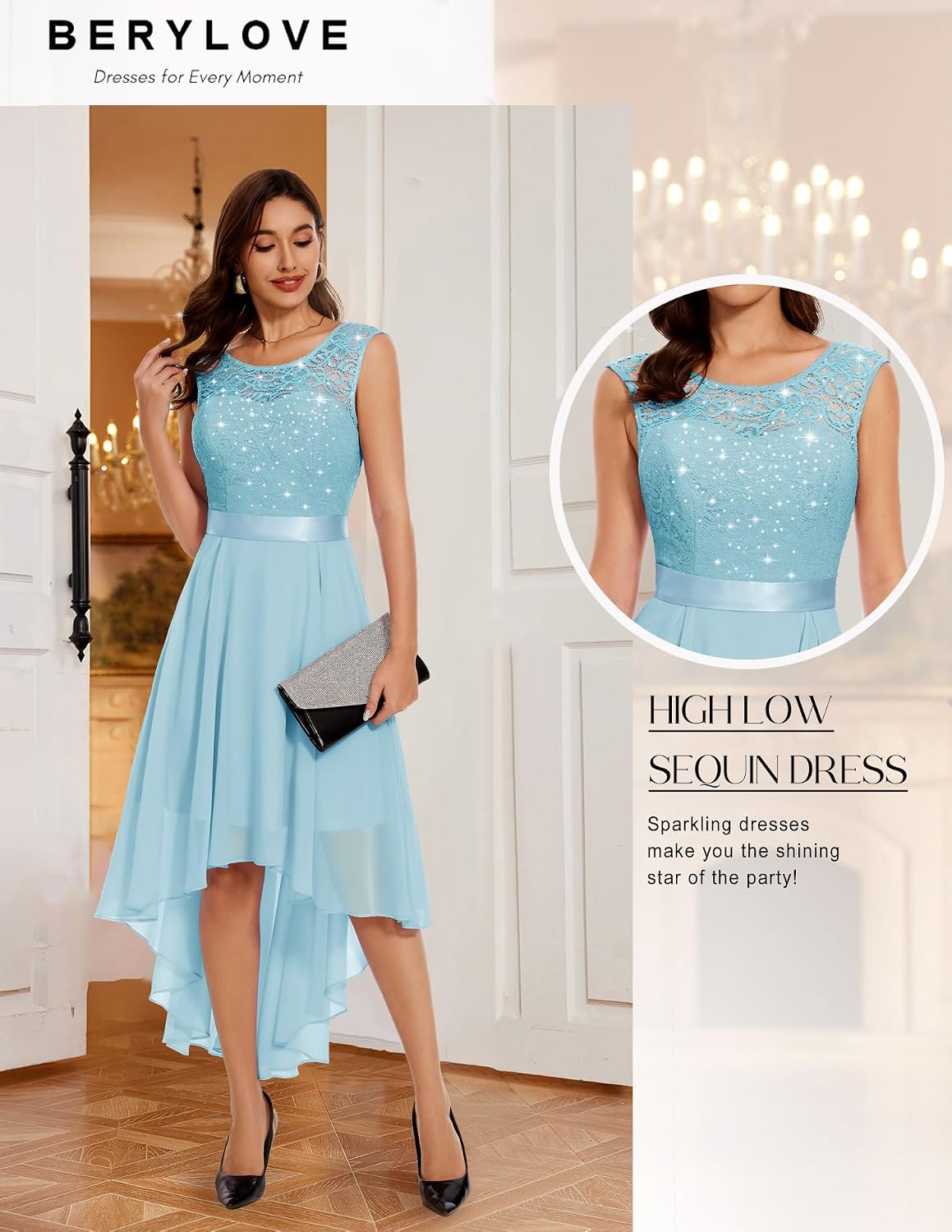 BeryLove Summer Wedding Guest Formal Cocktail Dresses Sequin Prom Party Lace High Low Bridesmaid Elegant Dress thumbnail