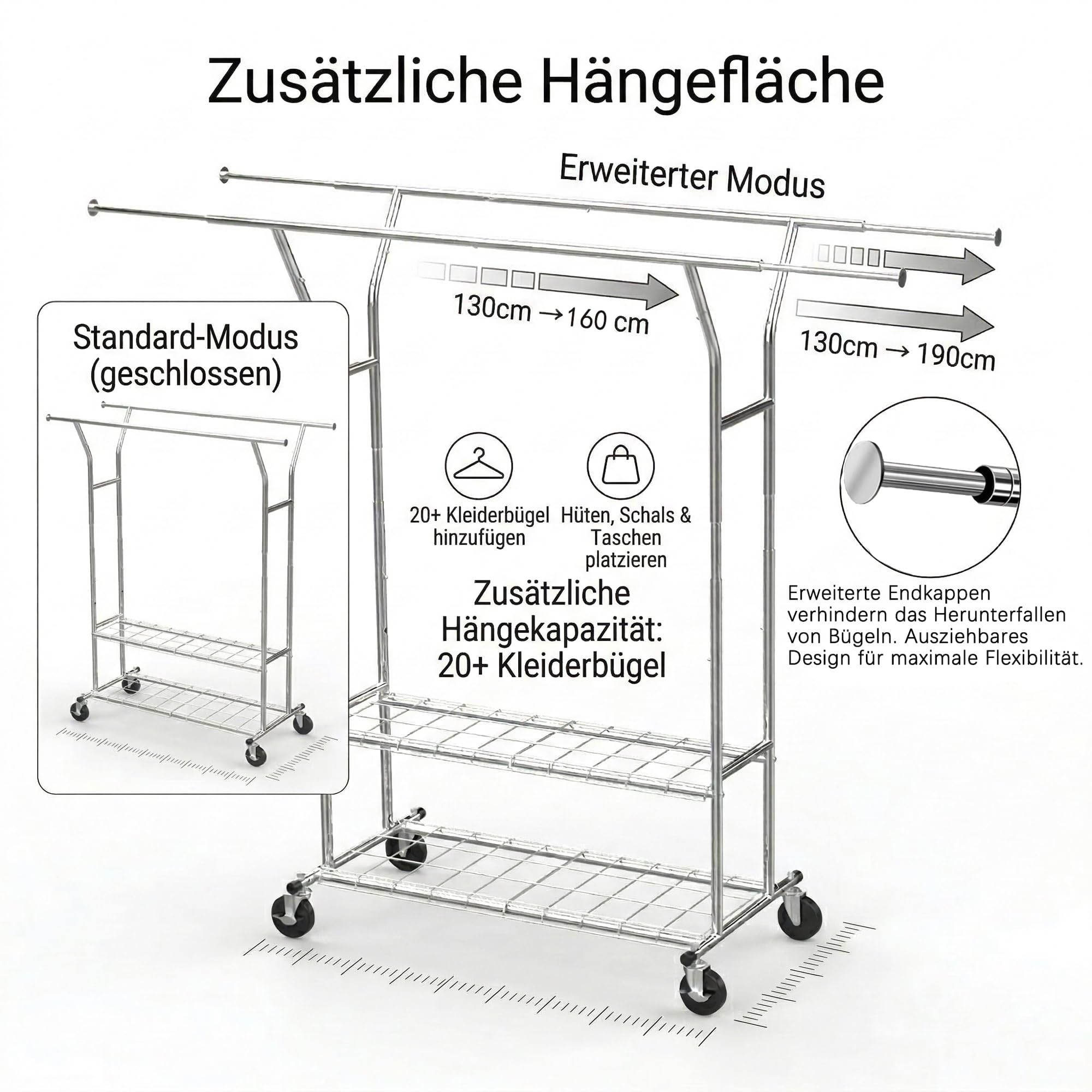 Schwerlast Kleiderständer auf Rollen, Doppelte Kleiderstange bis 150 kg belastbar, Ausziehbar 130-190 cm, Industrie-Design Garderobenständer mit 2 Ablagen, Chrom