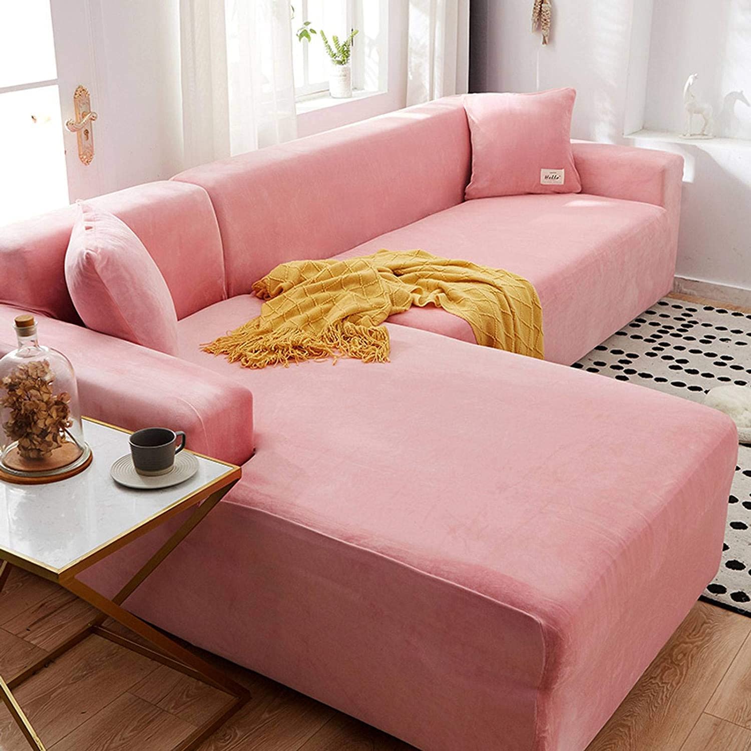MGEMJMJ Pure Color Elasticity Sofa Cover Velvet Covers,Sofa Cover,Sofa Protector With Elastic Bottom Strap(Size:3 Seater(190-230cm),Color:Pink)