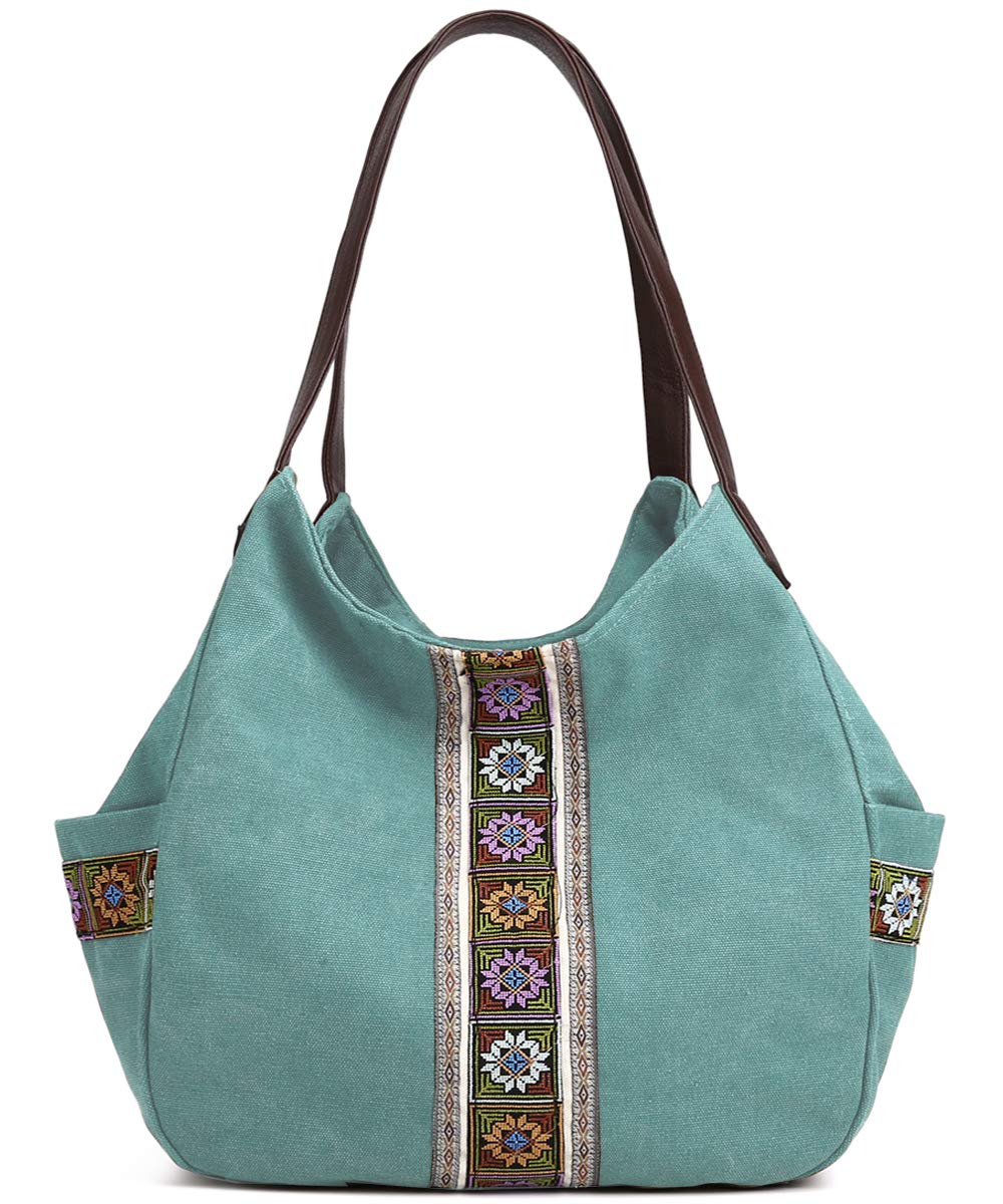 Fashion Modern WORLDLYDAWorldlyda Women Canvas Hobo Purse Multi Pocket Tote Shopper Shoulder Bag Casual Top Handle handbag with Embroidery Ethnic