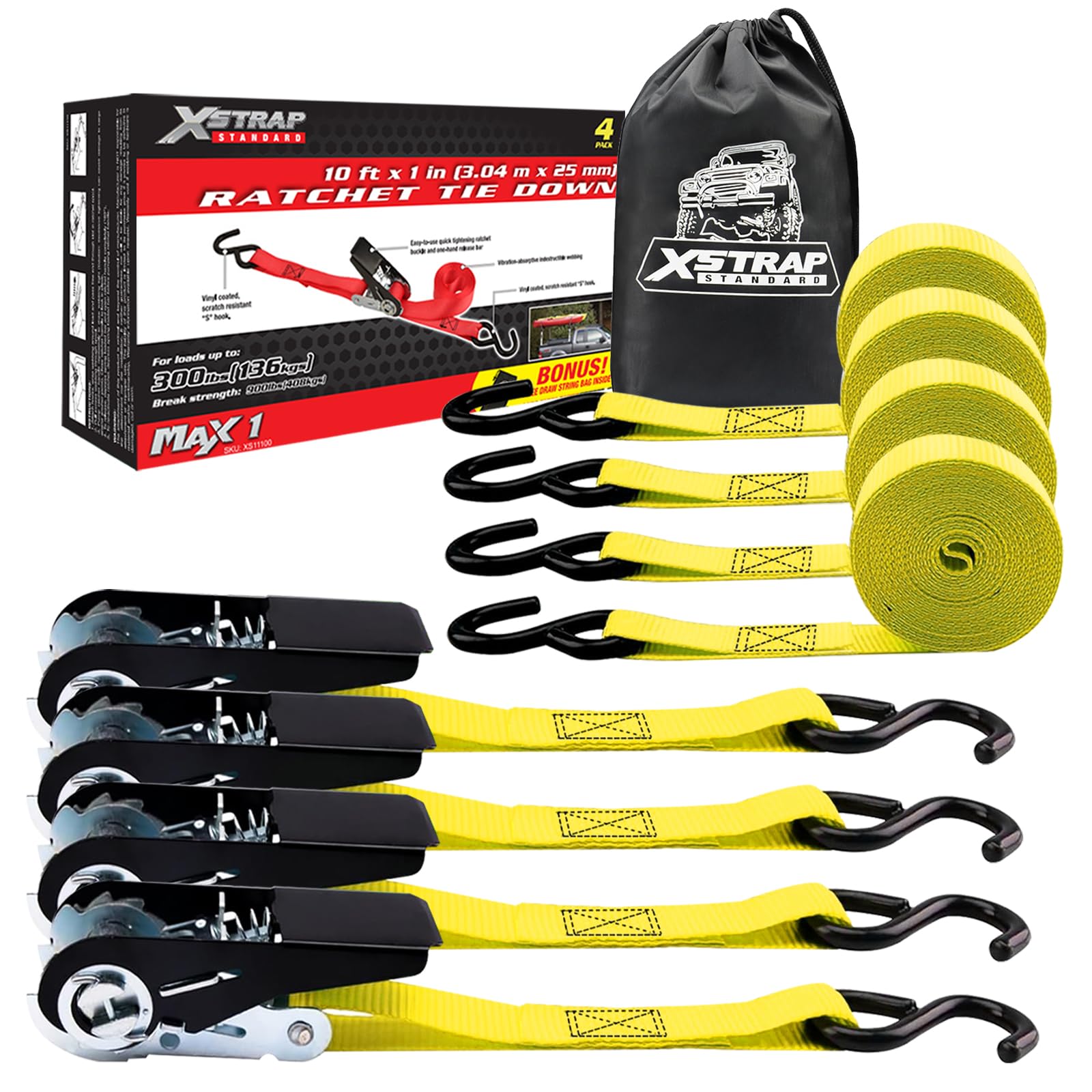 XSTRAP Ratchet Tie Down Straps - 4 Pk - 10 Ft- 300 Lbs Load Cap- 900 Lbs Break Strength-Cargo Straps for Moving Appliances, Lawn Equipment, Motorcycle, Yellow