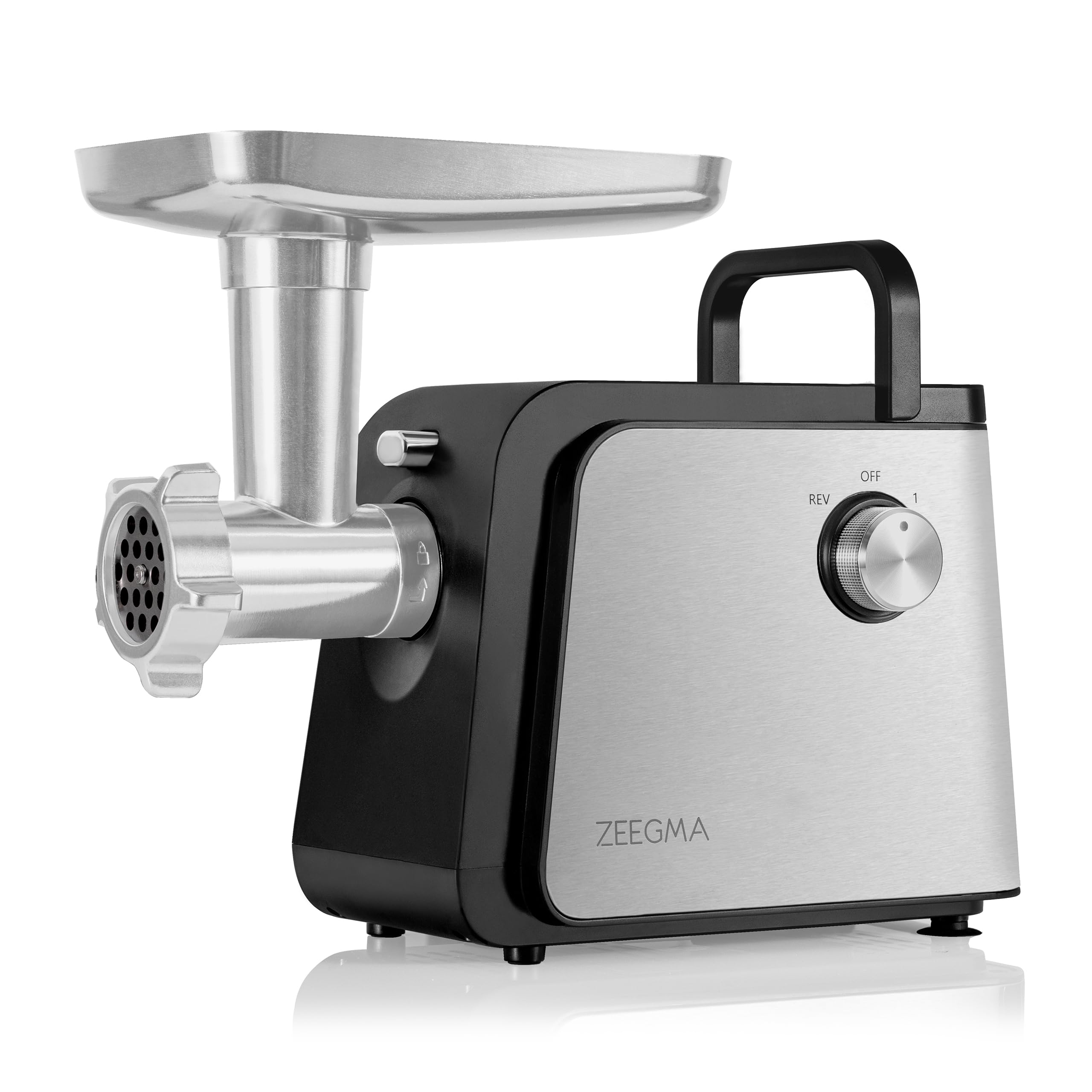 ZEEGMA MOLEN CHEF EASY - Picadora de Carne Eléctrica, Potencia de 2100 W, 3 Discos de Acero Inoxidable, Accesorio para Embutidos, Rallador de Verduras, Función Reversa | 3 discos de acero inoxidable, accesorio para embolsar, mandolina para verduras, funci