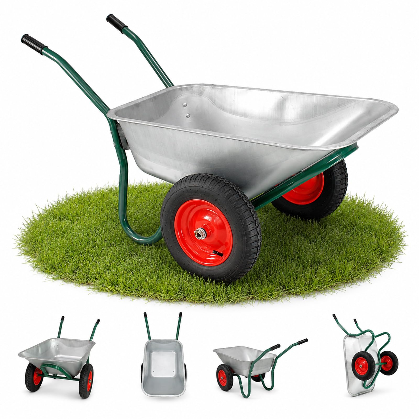 TRUTZHOLM Schubkarre 100 Liter 160 kg Tragkraft verzinkte Stahlwanne leichtlaufende Lufträder auf Stahlfelge Bauschubkarre Gartenschubkarre Schiebkarre 2 Rad Karre Wheelbarrow Silber