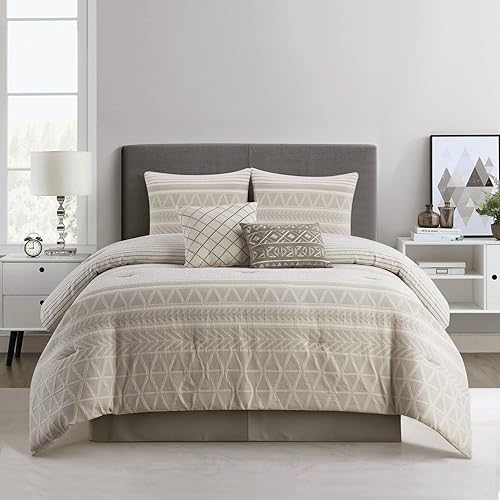 Grand Avenue Juego de edredón 100% algodón tamaño Queen, 6 piezas, juego de ropa de cama jacquard geométrico beige