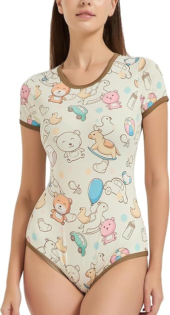 Cute Adult Onesie Pjs for Women Snap Crotch Romper Kawaii Bear Pajamas - Short Sleeves Casual Bodysuit