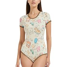 Cute Adult Onesie Pjs for Women Snap Crotch Romper Kawaii Bear Pajamas - Short Sleeves Casual Bodysuit