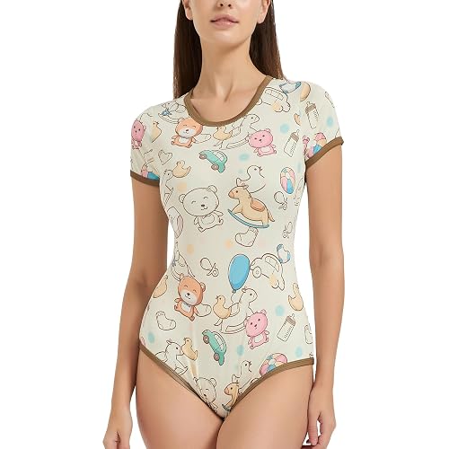 Cute Adult Onesie Pjs for Women: Snap Crotch Romper Kawaii Bear Pajamas - Short Sleeves Casual Bodysuit - Large