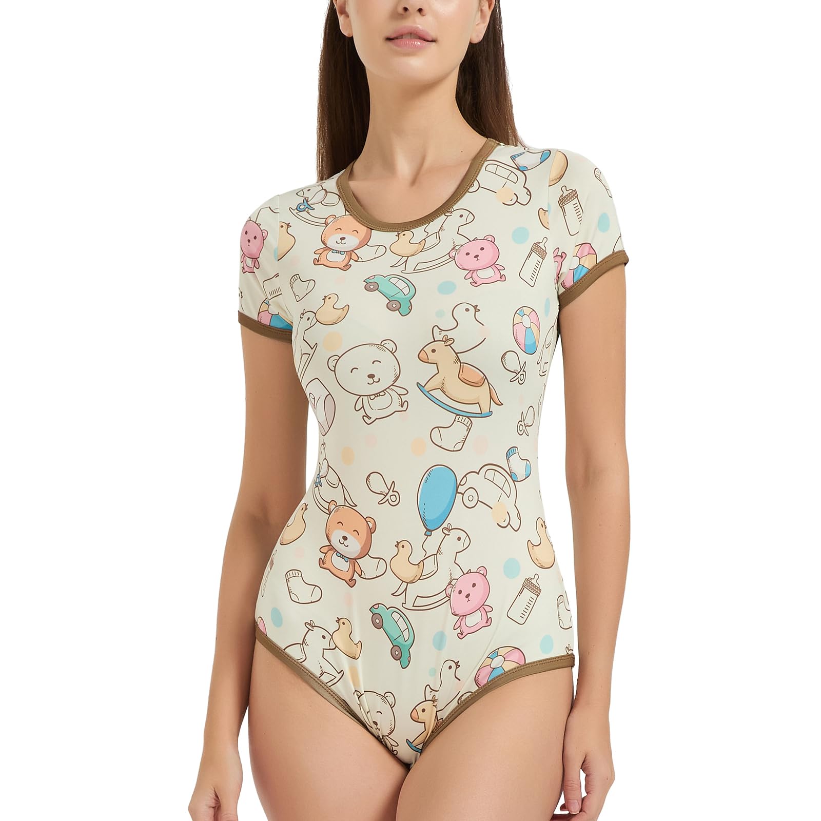 Cute Adult Onesie Pjs for Women: Snap Crotch Romper Kawaii Bear Pajamas - Short Sleeves Casual Bodysuit