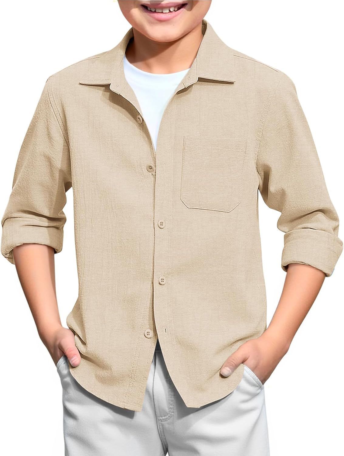 Haloumoning Boys Linen Button Down Shirts Kids Long Sleeve Dress Shirts School Uniform Shirt 5-14 Years