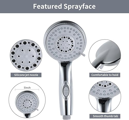 Miniatura 5 de Cabezal de ducha de alta presión con manguera, kit de cabezal de ducha de 5 rociadores de repuesto con pausa de encendidoapagado, cabezal de ducha