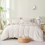 Grayish Pink Queen Size Comforter Set Striped Soft Washed Microfiber Jacquard 3 Pieces Striped Bedding Sets Grayish Pink White Comforter Queen for All Seasons and 2 Pillowcases Comfort Breathable