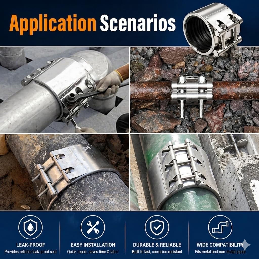 Abrazadera de acero inoxidable para reparación de tuberías, 5" (138-144 mm), sellador de fugas resistente, tuberías de metal y PVC, mantenimiento de emergencia de tuberías rotas o agrietadas.