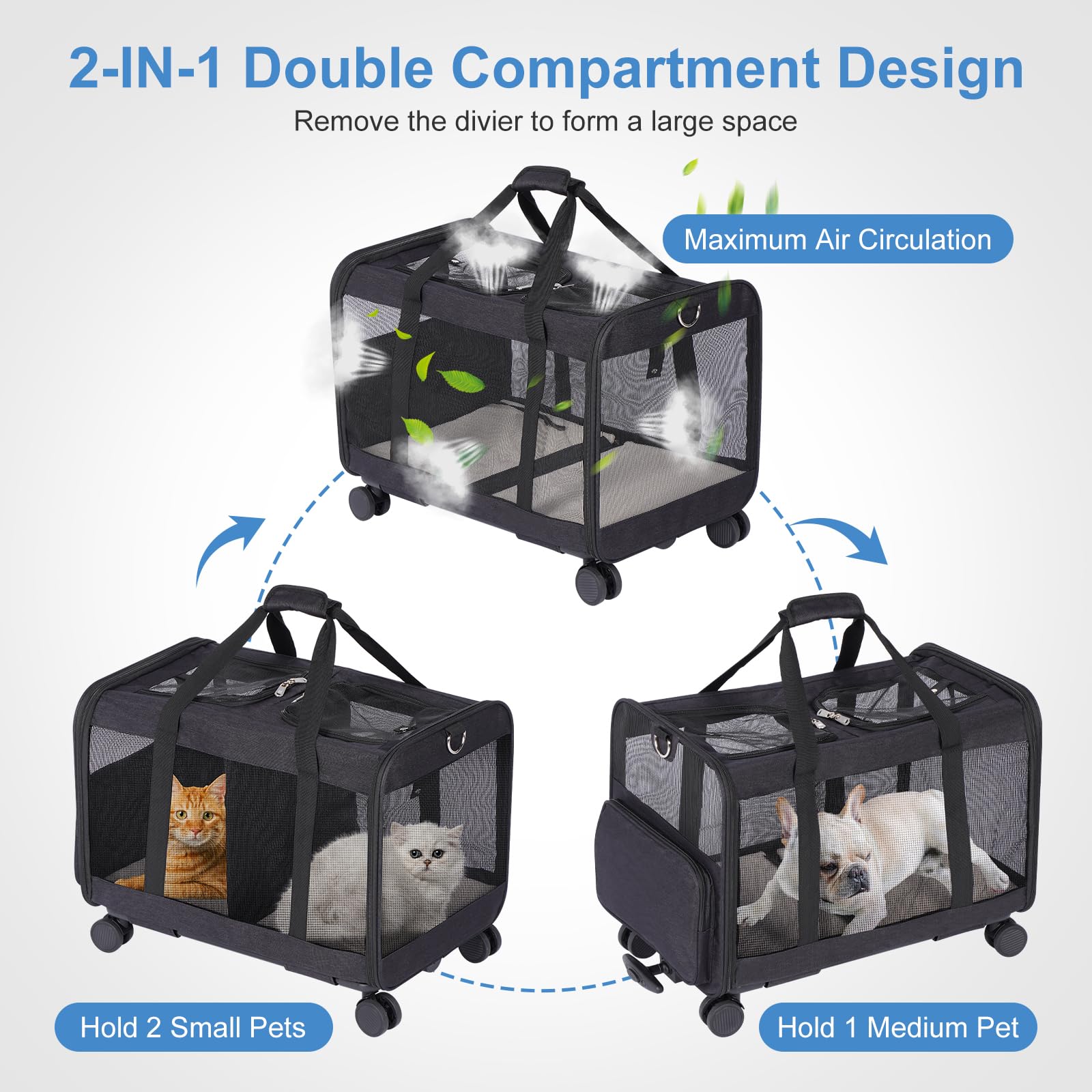 Transportín Doble para 2 Gatos con Ruedas y Carro Desmontable, Bolsa de Transporte de Doble Nivel 2 en 1, hasta 12 kg, Ideal para Gatos y Perros Pequeños, Negro