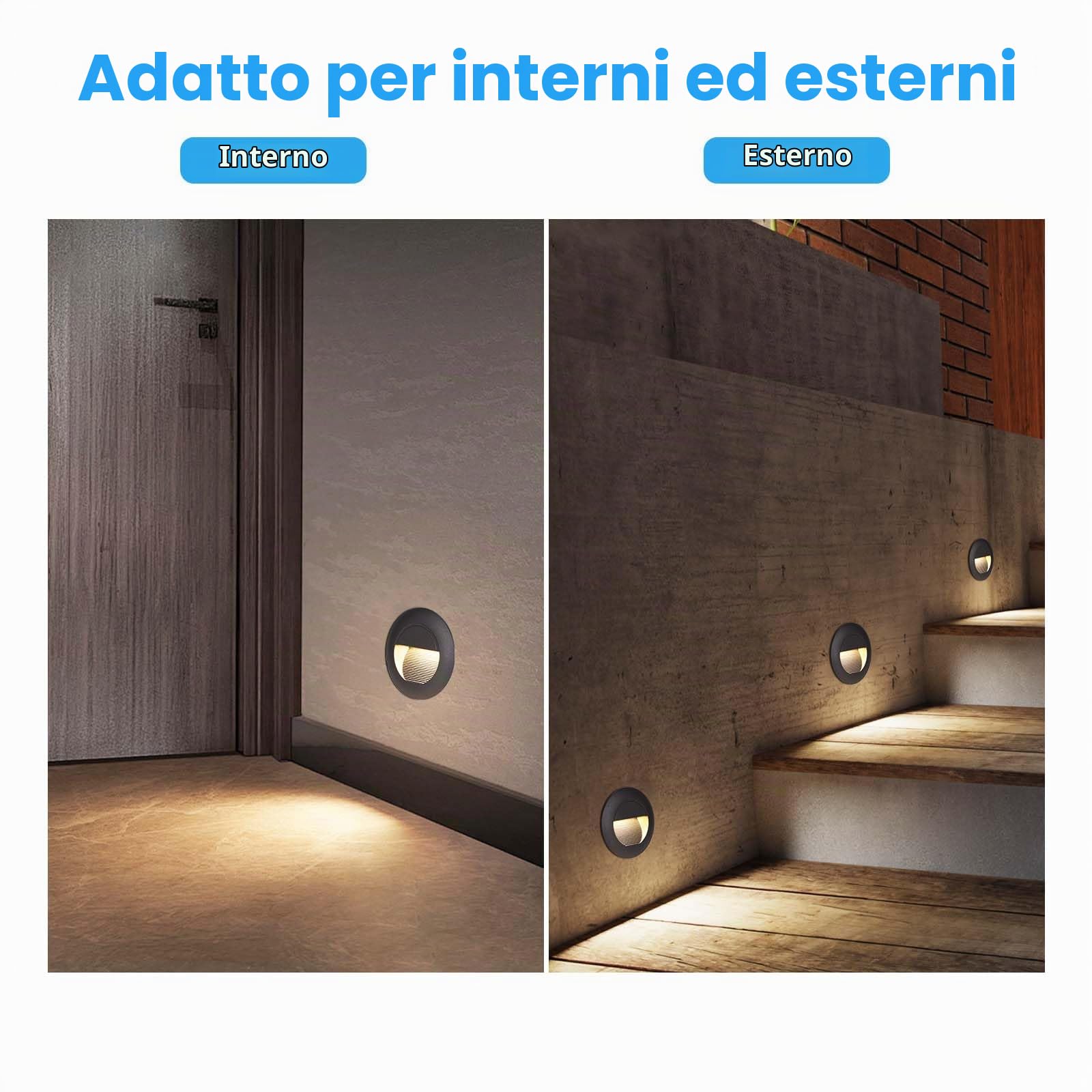 Illuminazione per scale 5W 500lm 6-Pack, Apparecchi LED 230V 3000K, 85x85mm, Luce da Incasso a Parete IP65, Luci per Scale a Parete, Zoccoli da Incasso 68mm, Alluminio Nero