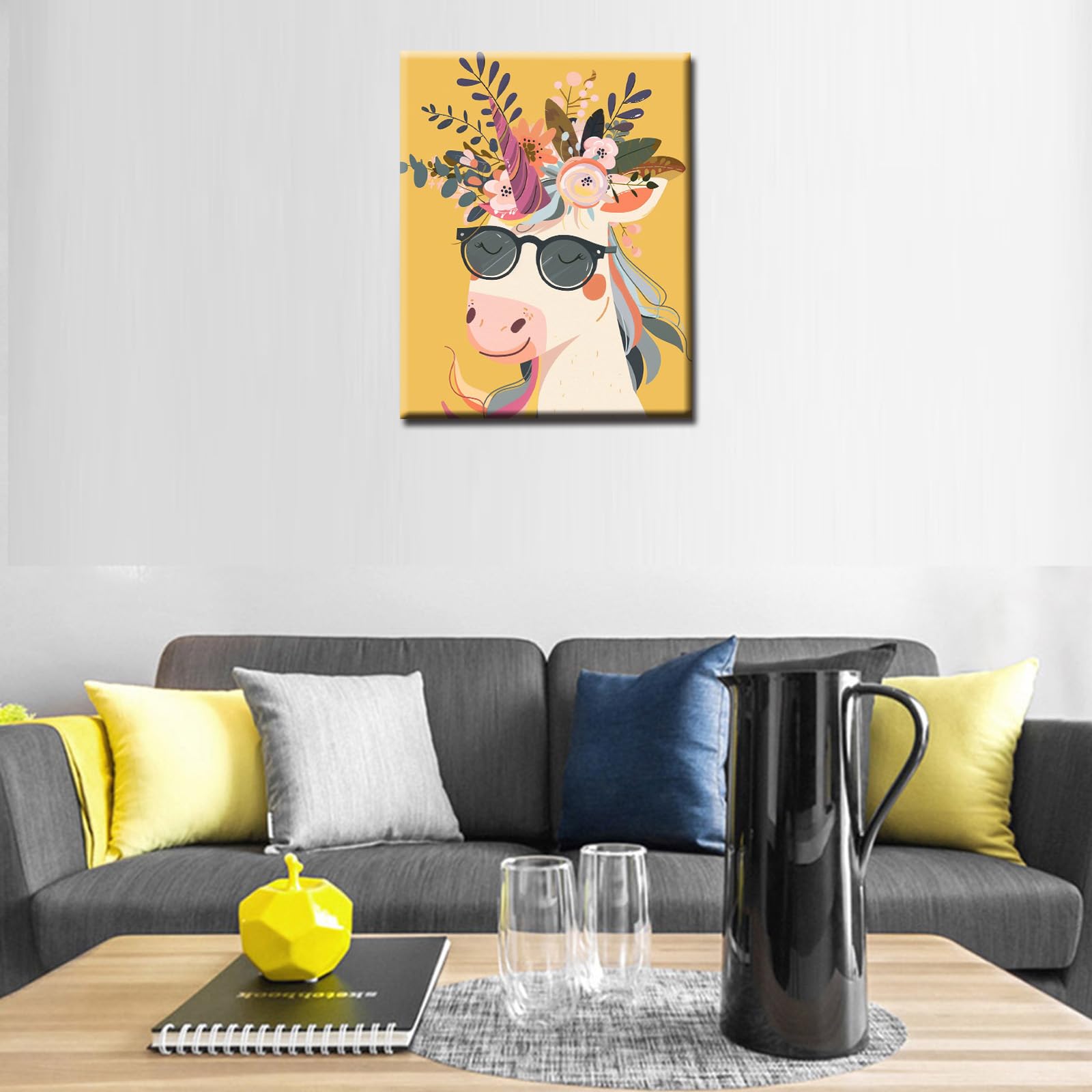 Dreamy Animal Flowers Poster Prints Artwork Smiling Unicorn Wearing Shades Straw Hat 1P Canvas Room Wall Creative Pictures Home Decor for Living Room Framed Gallery-Wrapped Ready to Hang 16x24inch - Image 3