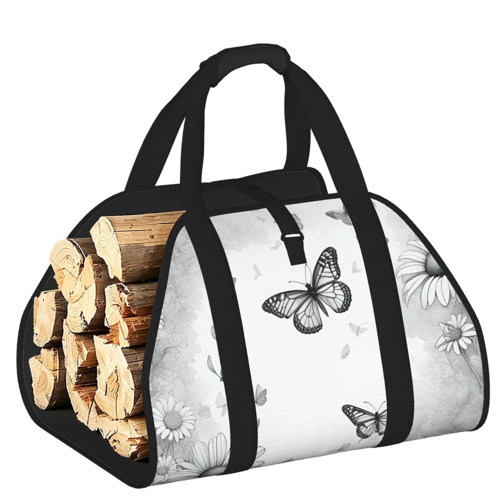 Ayyqwe Black Butterfly Daisy Print Firewood Bag Wood Waterproof Versatile Camping Picnic Storage Daily Home