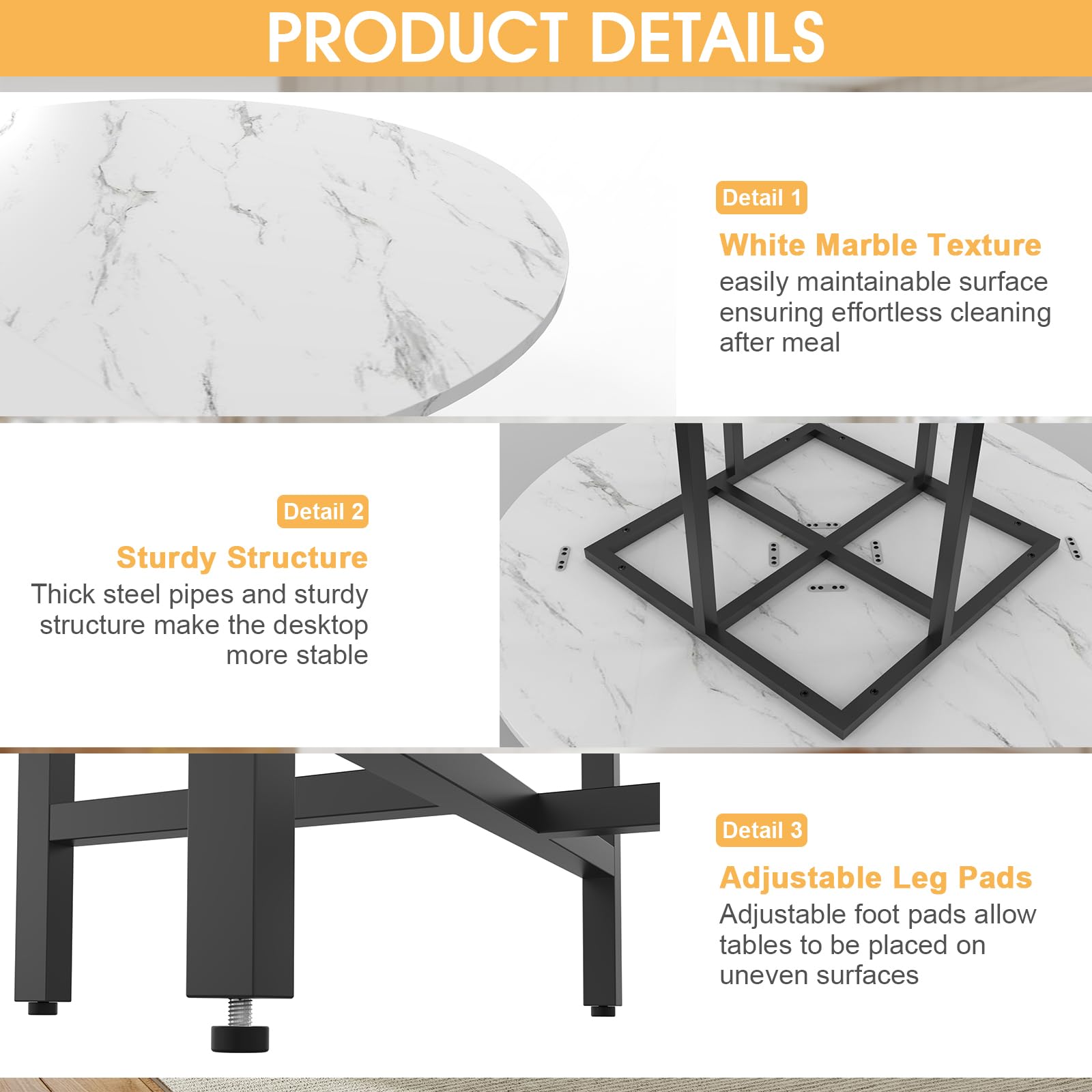 TWSOUL Mesa de comedor redonda para 4-6 personas, mesa de comedor de 120 cm, mesa de cocina con base de metal, mesa de comedor con mármol, para comedor, sala de estar, oficina