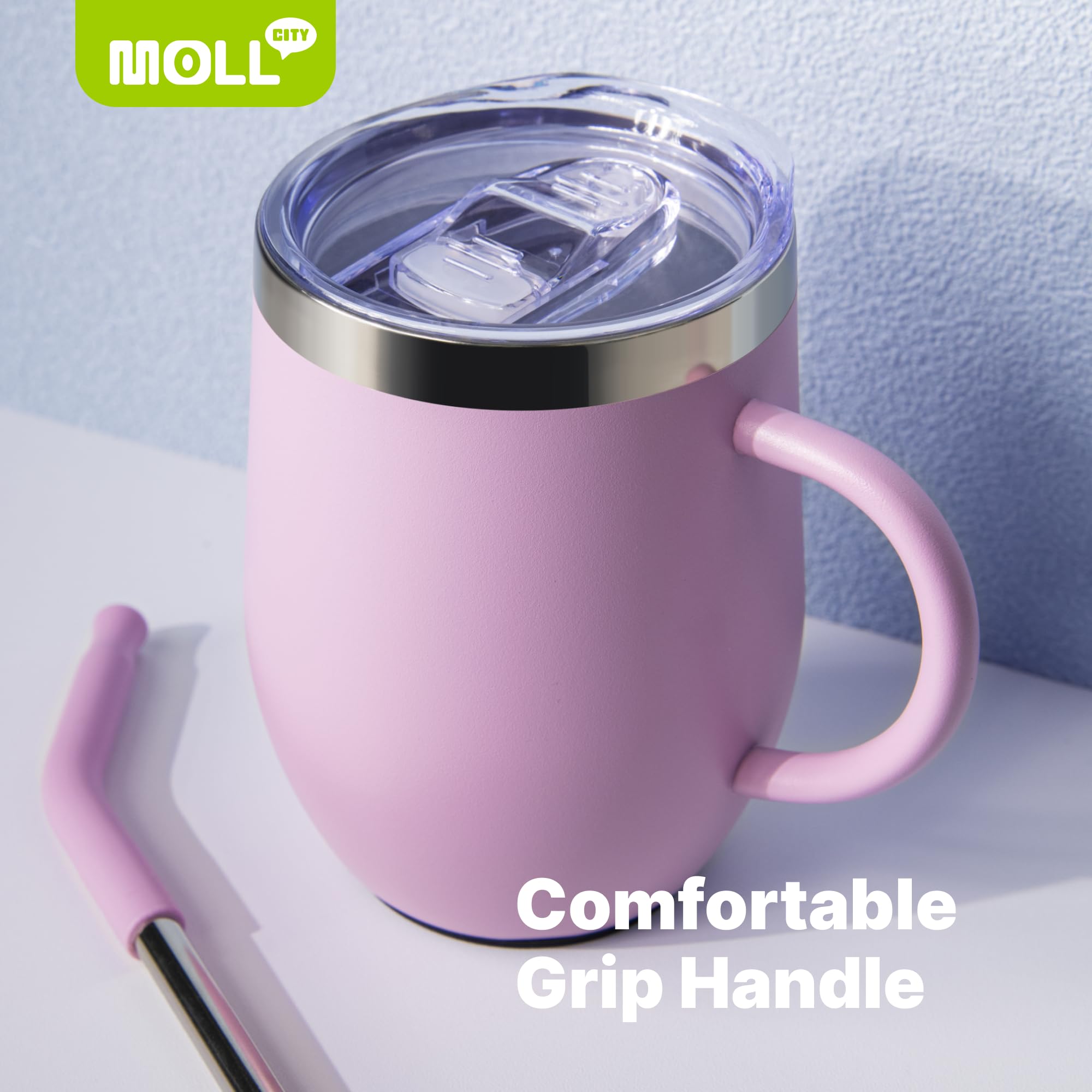 Vaso de 12 onzas con asa y popote, paquete de 2 vasos de acero inoxidable con aislamiento al vacío de doble pared con tapa, reutilizable, a prueba de fugas y sin BPA (morado-rosa intenso)