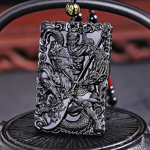 Miniatura 4 de Collar de obsidiana negra natural Dragon Guan Gong guan yu Collar Hold espada ancha Colgante con cadena ajustable, Gema, Obsidiana