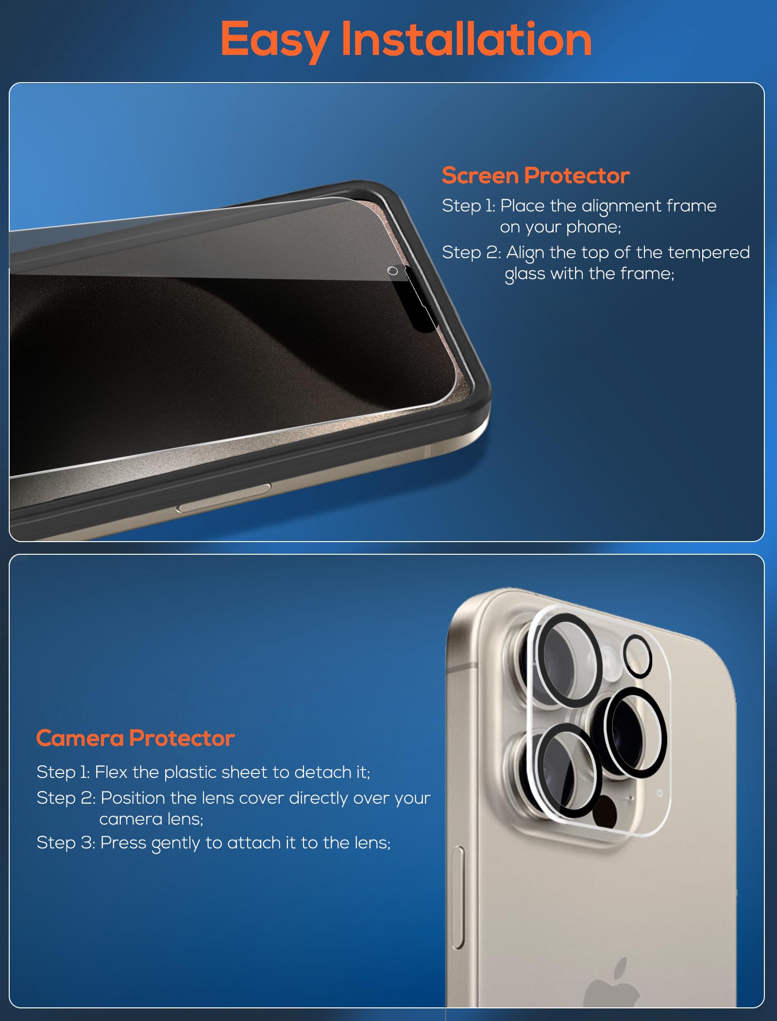 3-pak ochraniaczy ekranu prywatności do iPhone'a 15 Pro z 3 osłonami obiektywu aparatu z ramką instalacyjną, folia ze szkła hartowanego Anti Spy, twardość 9H, odporna na zarysowania, bez