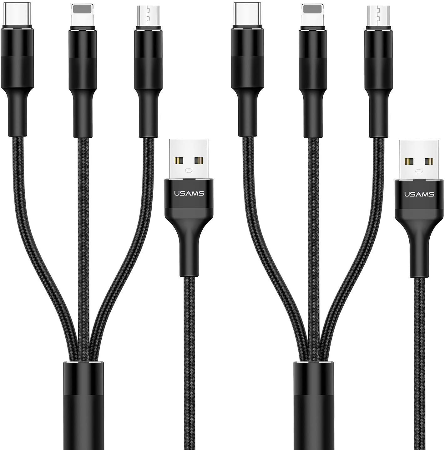 USAMS [2 Pack] Multi Charging Cable, 5FT 3 in 1 Nylon Braided USB Multiple Charger Fast Charging Cord Compatible with Most Smart Phones & Pads