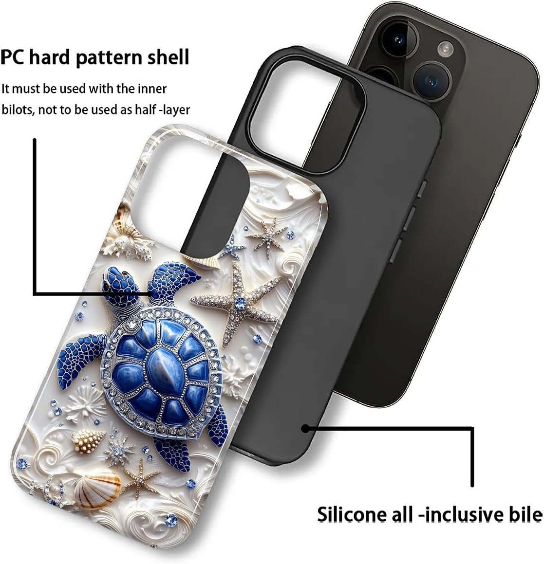 Case for iPhone 12 Pro Max, Hybrid Heavy Duty 2 in 1 Full Body Rugged Shockproof Protection Glossy Case for iPhone 12 Pro Max - Sea Turtle Starfish Ocean - Image 3