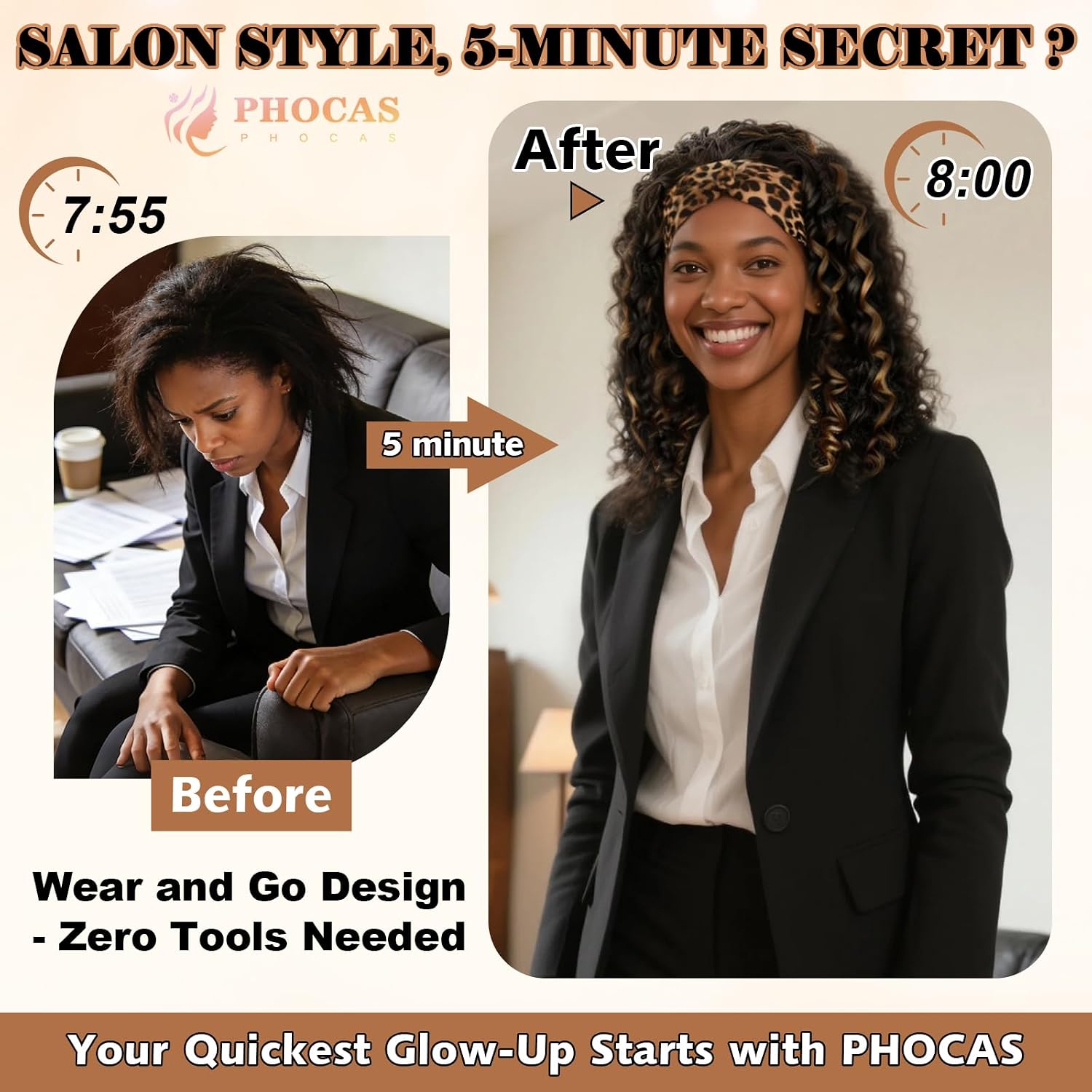 PHOCAS 14" Brown Deep Wave Headband Wig with Highlight Synthetic Brown Curly Half Wig Wear and Go Glueless Afro Headband Wigs for Black Women Busy Morning Secure Comfortable Easy Wear