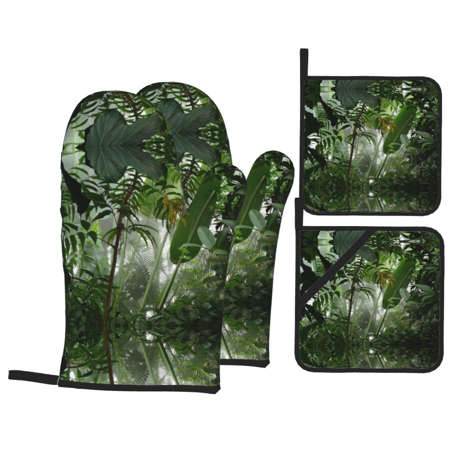 YYHHAOFA Tropical Rainforest Jungle Scene Prints Kitchen Baking Set with Heat Resistant Pot Holders & Oven Mitts - Waterproof Layers for Cooking, Grilling & Serving, Includes Pocket Layer