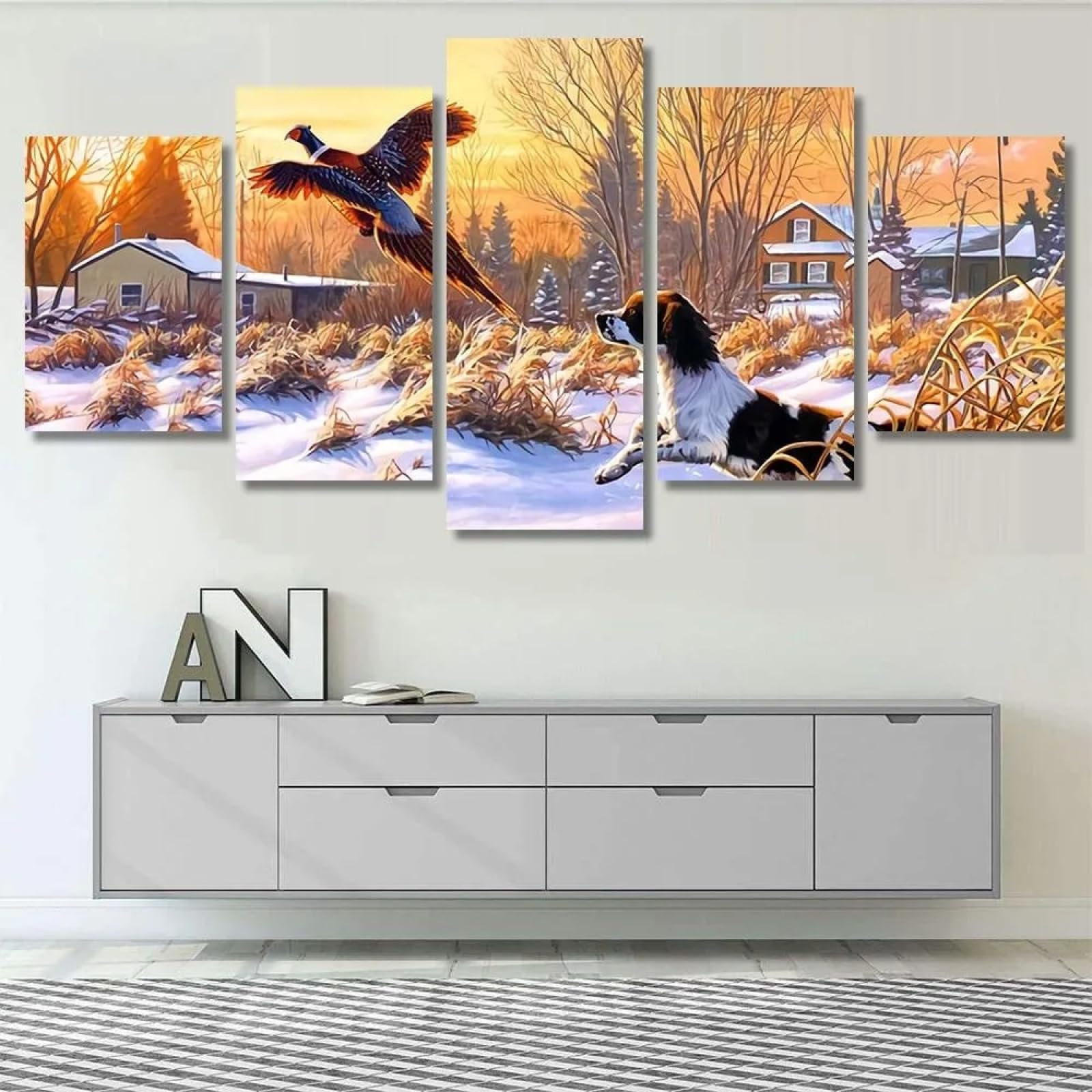 Affiche decoration murale grand format 5 panneaux scene de chasse enneigee - 7