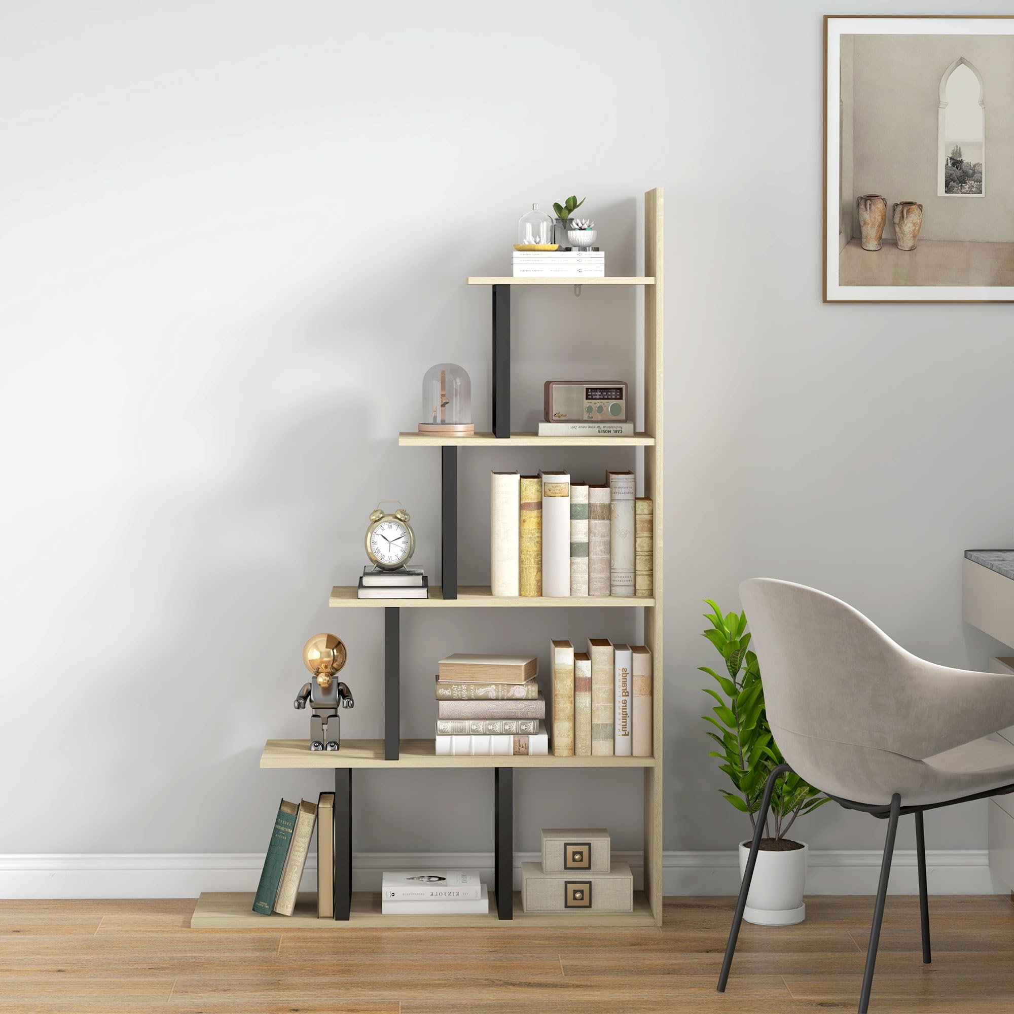 HOMCOM Étagère bibliothèque séparateur de pièce Style Industriel en escalier 5 étagères 102 x 30 x 160 cm, chêne