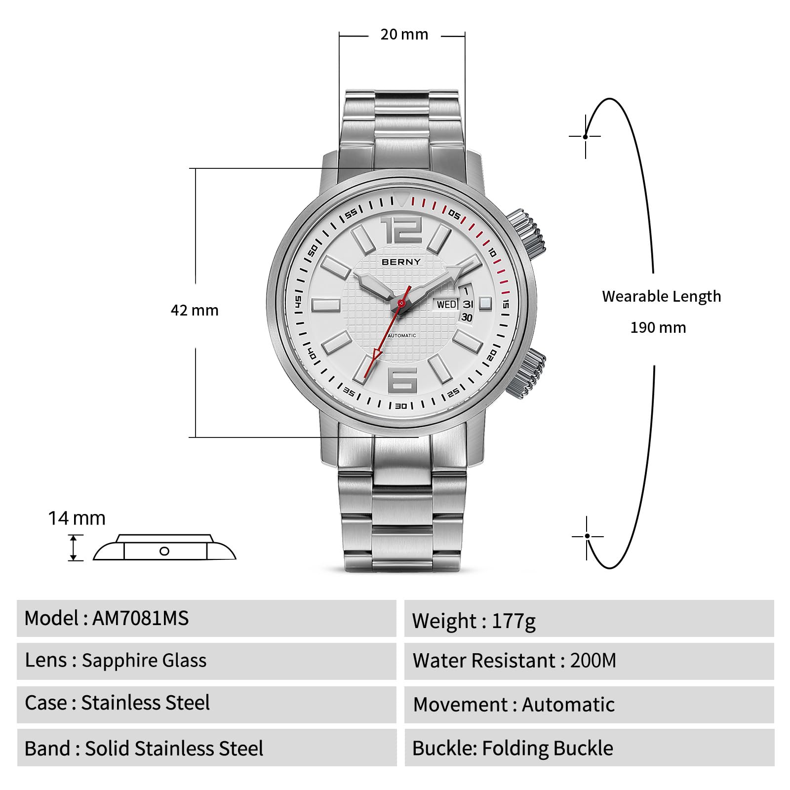 BERNY Automatische Mechanische Taucheruhr Für Herren Selbstaufziehend Sport-Edelstahl-Armbanduhr Wasserdicht 20 ATM Saphirglas Kratzfest