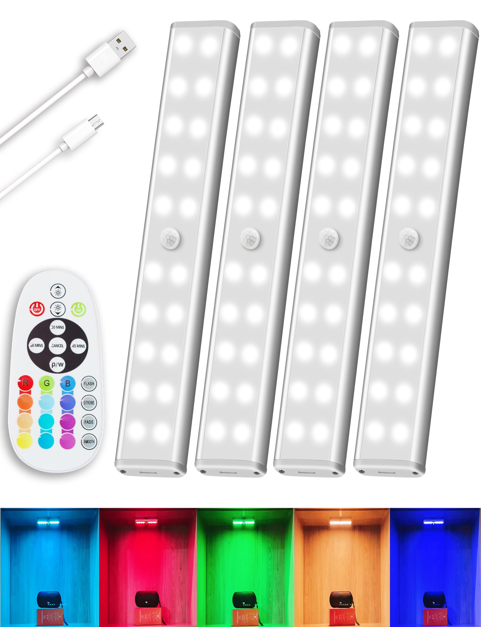 Under Cabinet Lighting Wireless Rechargeable Battery Operated LED Closet Lights Dimmable Under Counter Lights Bar with Remote, RGB Changing Perfect for Kitchen Bedroom Stairs, 4 Packs