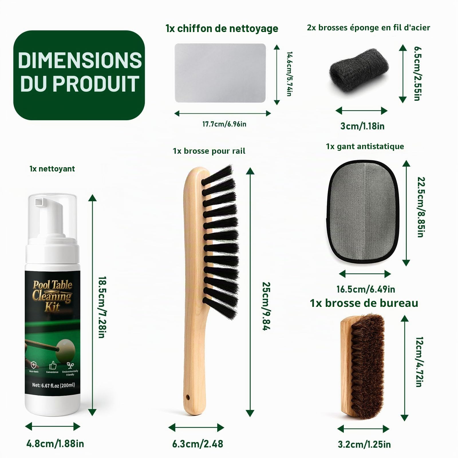 Kit de nettoyage en feutre de 200 ml pour tables de billard avec 2 brosses de table de billard, 1 éponge en fil d'acier, 1 chiffon
