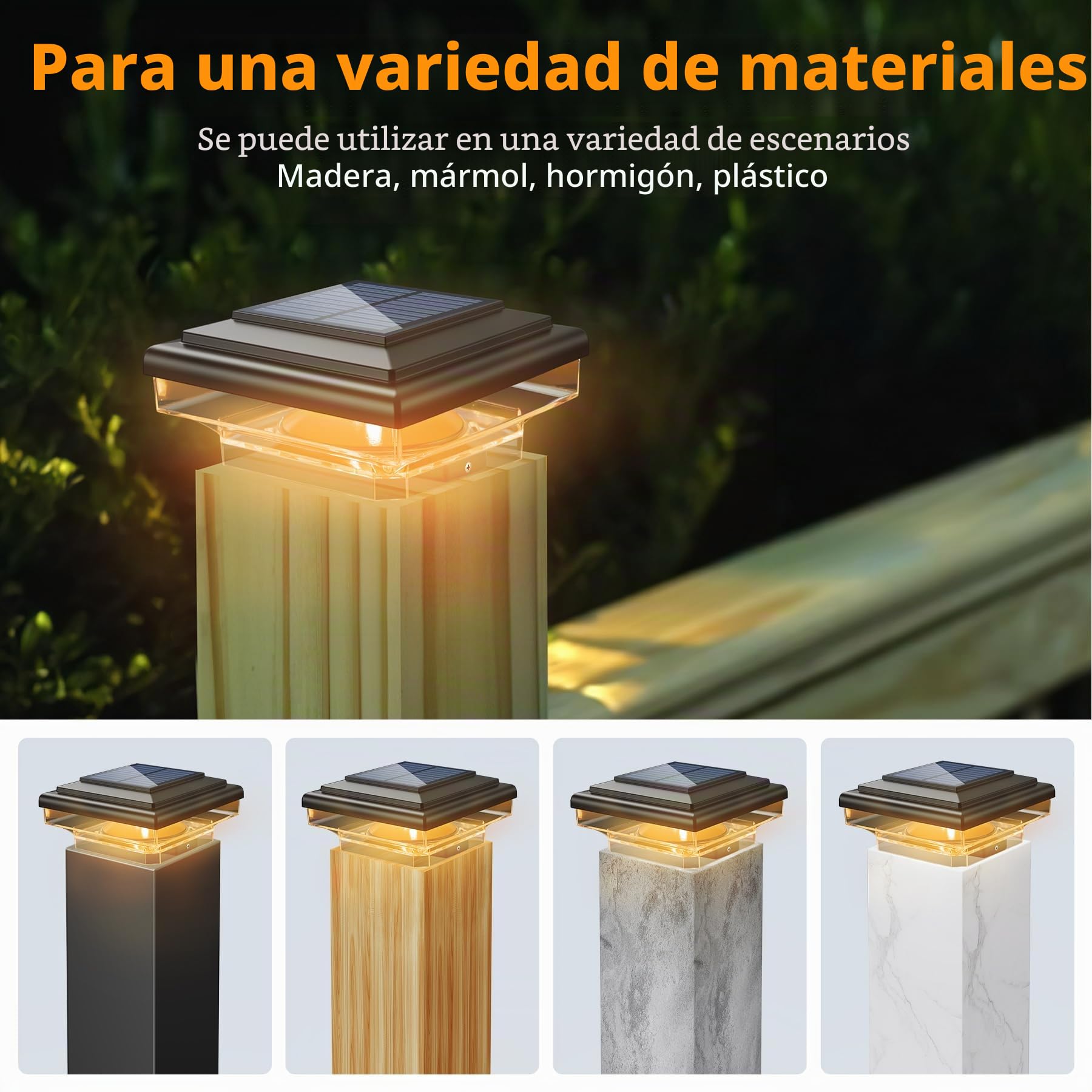 Lámparas de Columna Solar para Postes 7x7 8x8 9x9 10x10cm, 4 Piezas | Tapa de Poste con 8 LEDs Blanco Cálido, Impermeables para Vallas Exteriores