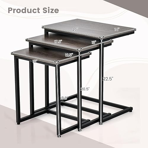 Miniatura 3 de Tangkula Juego de 3 mesas anidables, mesa auxiliar rectangular apilable con parte superior de madera y patas de metal, almohadillas ajustables para